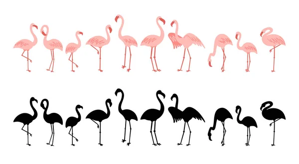 Flamingo de pé e voando bonito rosa pálido e clipart preto — Vetor de Stock