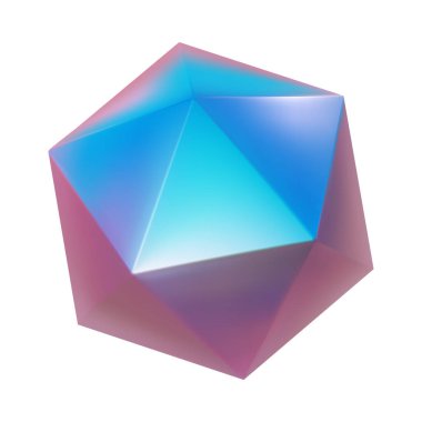 3d pink blue metal icosahegron. Neon gradient shapes render. Vector abstract polyhedron. Futuristic iridescent holographic isometric shape.