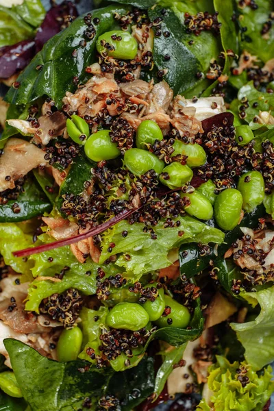 Färskt Lamm Sallad Sallad Med Avocado Gurka Lax Körsbärstomater Dressing — Stockfoto