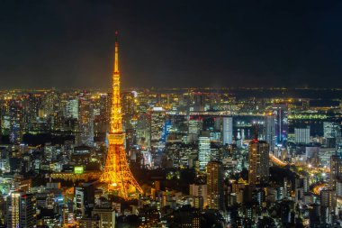 Tokyo şehrinin gökdelen bölgesi geceleri birçok modern yüksek binalarla dolu.