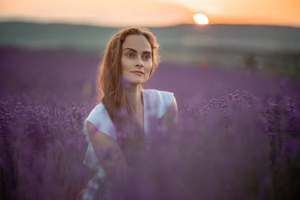 Красивая девушка в белом платье и распущенные волосы на лавандовом поле. Красивая женщина на лавандовом поле на закате. Soft Focus — стоковое фото
