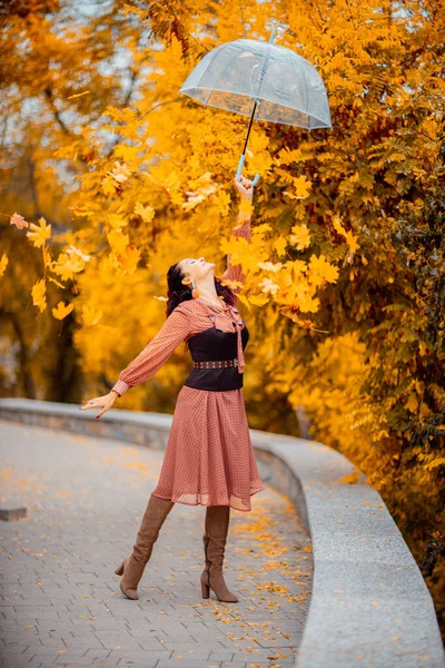 Hermosa chica en un vestido con un paraguas en el parque de otoño. Ella lo sostiene sobre su cabeza, las hojas de otoño caen de él —  Fotos de Stock