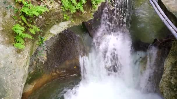 Powerful raging whitewater waterfall falling forcefully over a rocky edge. Crystal clear glacier water stream dropping over the cliff. — Stock Video