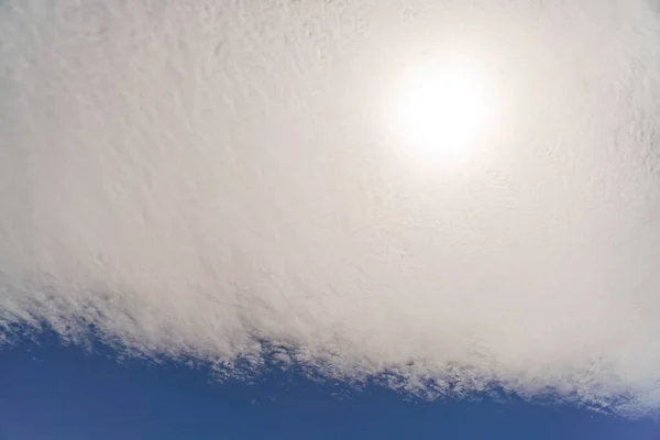 Nubes esponjosas en el cielo azul, están dispuestas en una franja plana. El sol brilla a través de ellos. —  Fotos de Stock