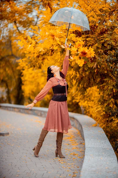 Hermosa chica en un vestido con un paraguas en el parque de otoño. Ella lo sostiene sobre su cabeza, las hojas de otoño caen de él —  Fotos de Stock