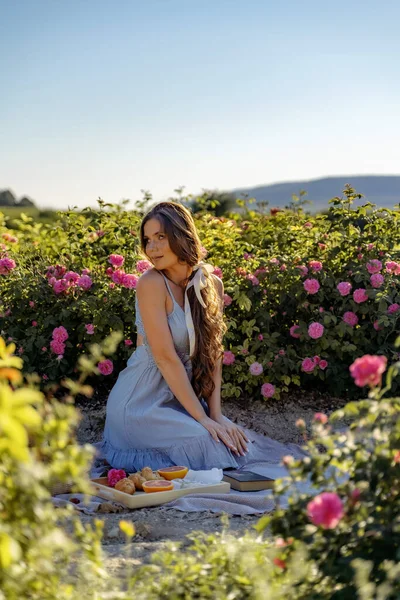 Güzel güzel bir kadın çiçek bahçesinde güllerin yanında oturuyor. Parfüm reklamı konsepti. — Stok fotoğraf