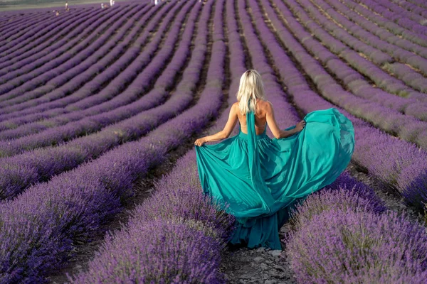 A woman with long blonde hair in a light green dress is walking through a lavender field alone waving a lavender dress. — Stock Photo, Image