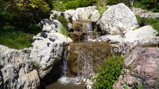 Cascada Jardín Japonés Agua Fluye Lentamente Sobre Grandes Piedras Origen — Vídeo de stock