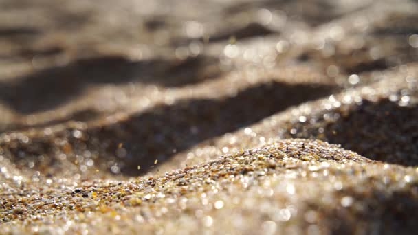 Крупный План Песка Льется Медленно Фоне Золотого Боке Закат Света — стоковое видео