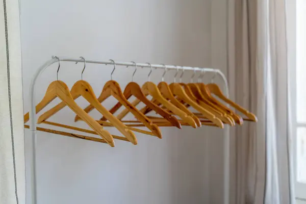 Close Wardrobe Wooden Clothes Hanger — Zdjęcie stockowe