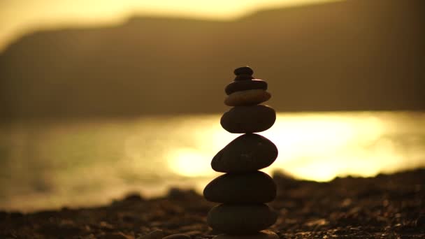 Zen Stones Sea Beach Silhouette Cairn Pebble Beach Sunset Abstract — Stock Video