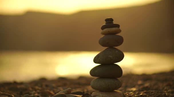 Zen Stones Sea Beach Silhouette Cairn Pebble Beach Sunset Abstract — Stock Video