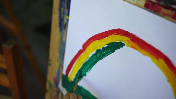 Child Draws Rainbow Paints Close — Stock Video