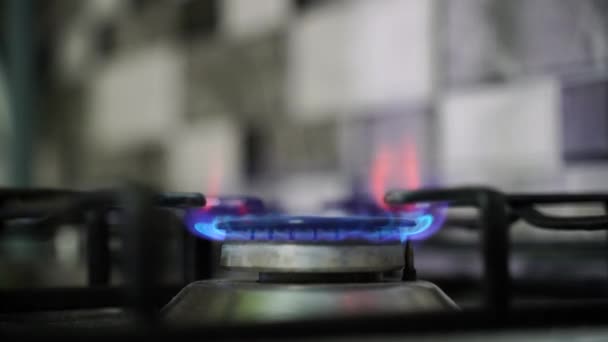 Kitchen Burner Turning Stove Top Burner Igniting Blue Cooking Flame — Stock Video