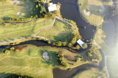 Sabah hava manzaralı yeşil golf sahası.