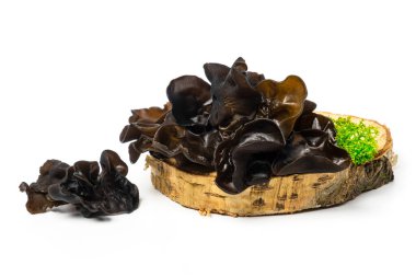 Beyaz arka planda izole edilmiş mantarlar. Yahudi 'nin kulak mantarı stüdyo çekimi. Yenilebilir kara mantar koleksiyonu - auricularia polytricha, ayrıca bulut kulağı, siyah mantar, jöle mantarı olarak da bilinir.