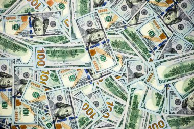 Nakit para banknotları üst görünüm. Amerikan doları kapanıyor. Yüz Amerikan doları. Yığınla nakit. Finans ve para kavramı 