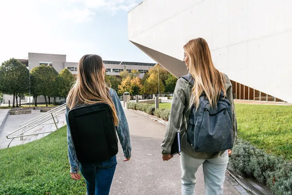 Vista Trasera Dos Compañeros Universidad Caminando Juntos Charlando Campus — Foto de Stock