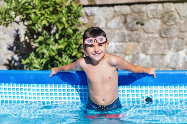 Portrait Boy Having Fun Small Detachable Pool House Water Goggles — Photo