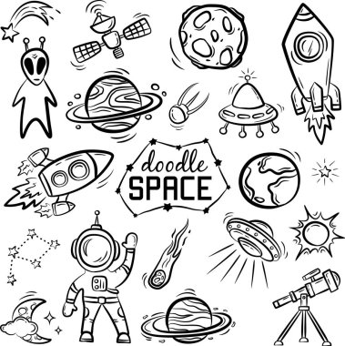 Beyaz arkaplanda el çizimi uzay nesneleri. Gezegenler, roketler, uzaylılar vs. Vektör illüstrasyonu