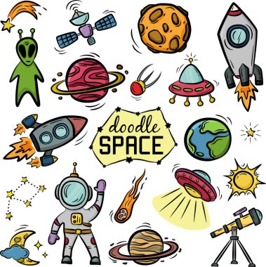 Beyaz arkaplanda el çizimi uzay nesneleri. Gezegenler, roketler, uzaylılar vs. Renkli vektör illüstrasyonu