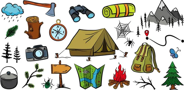 Recolección Equipos Senderismo Mochila Conjunto Elementos Para Diseño Garabatos Camping — Vector de stock