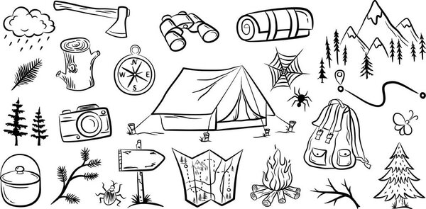 Hiking and backpacking equipment collection. Set of elements for your design . Camping doodles. Vector illustration.