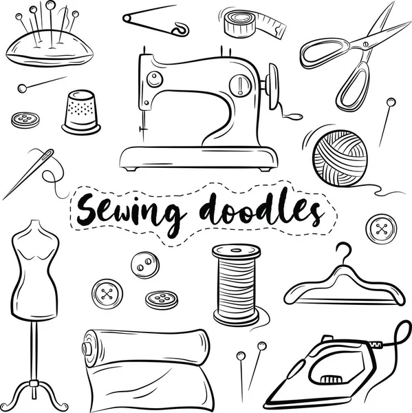 Costura Doodle Ícones Mão Desenhada Ilustração Contorno Vetor Fundo Alfaiataria —  Vetores de Stock