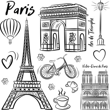 Paris 'in klasik tarzında çizilmiş el yapımı Fransız ikonları. Fransa, Eyfel Kulesi ve binalar. Vektör karalama elementleri, vektör içinde izole edilmiş ulusal elementler.