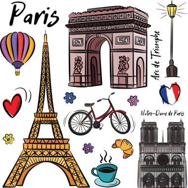 Paris 'in klasik tarzında çizilmiş el yapımı Fransız ikonları. Fransa, Eyfel Kulesi ve binalar. Vektör karalama elementleri, vektör içinde izole edilmiş ulusal elementler.