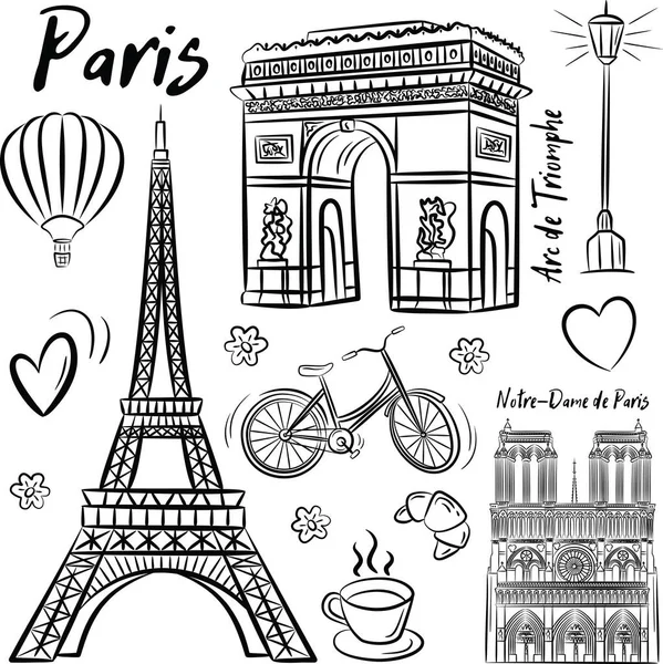 Set Hand Drawn French Icons Paris Set Vintage Style France — Stock Vector