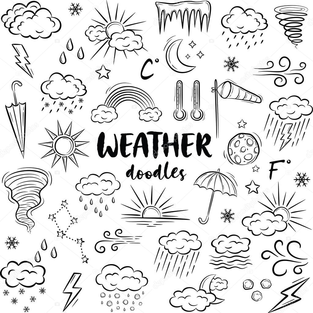 Vector hand drawn weather icons. Set of doodle elements on white background. Vector illustration in vintage style