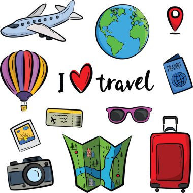 Beyaz arka plandaki renkli karalama seyahat simgeleri ve elementleri kavramsallaştır. İzole çizim vektörü illüstrasyonu.