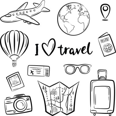 Siyah karalama seyahat simgeleri ve beyaz arkaplandaki elementleri kavramsallaştır. İzole çizim vektörü illüstrasyonu.