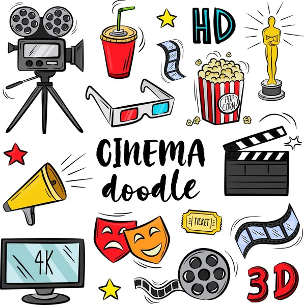 Set of cinema and movie related doodles vector illustration. Colorful cinema doodle on white background