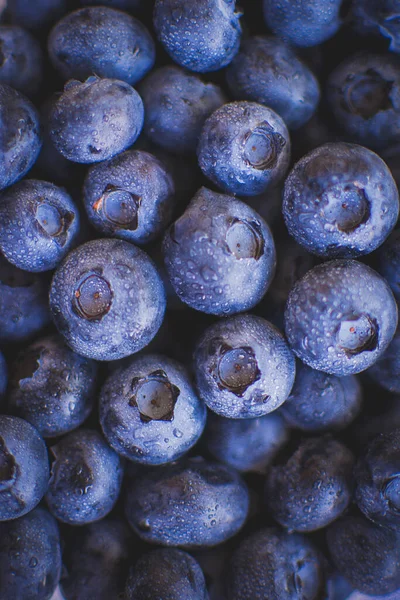 Fresh blueberries beautiful background. Blueberry texture close-up, top view. Fruits with dew drops