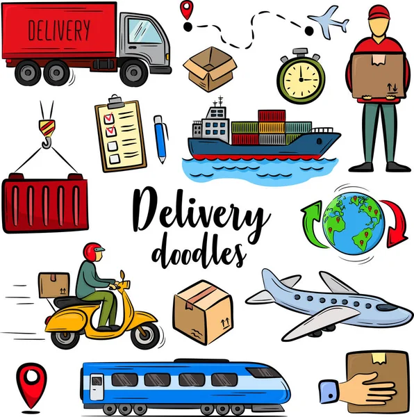 Logistic shipping freight service supply icons. Hand drawn doodle icons set isolated vector illustration on white background