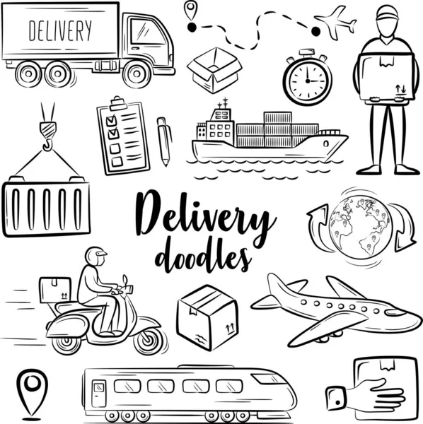 Logistic shipping freight service supply icons. Hand drawn doodle icons set isolated vector illustration on white background