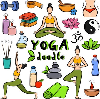 Hand drawn yoga vector doodle set. Colorful vector illustration for your design on white background