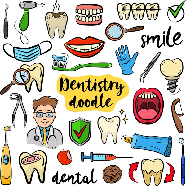 Dentistry doodles icon set. Hand drawn lines dental on white background. Colorful vector illustrations for design