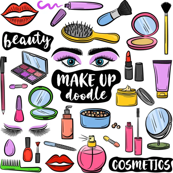 Griffes Dessinées Main Maquillage Beauté Cosmétiques Illustrations Vectorielles Isolées Colorées — Image vectorielle