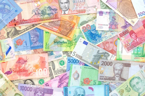 Achtergrond Van Papiergeld Uit Verschillende Landen Dollar Eurobankbiljetten Andere Uitzicht — Stockfoto
