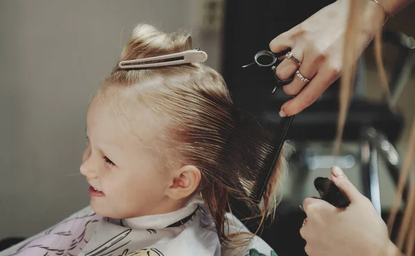 Barber woman make fashionable pretty hairstyle for cute little blond girl child in modern barbershop, hair salon. Hairdresser makes hairdo for young baby in barber shop. Concept hairstyle and beauty