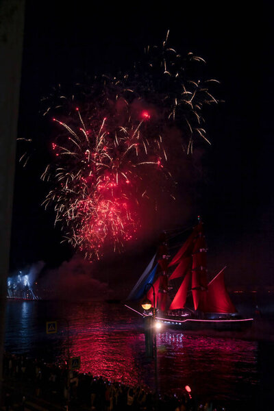 Scarlet Sails on holiday for school graduates on Neva river in Saint Petersburg, Russian Federation. Miracle night show, amazing beauty colorful celebration, show. Astonishing holidays backgrounds