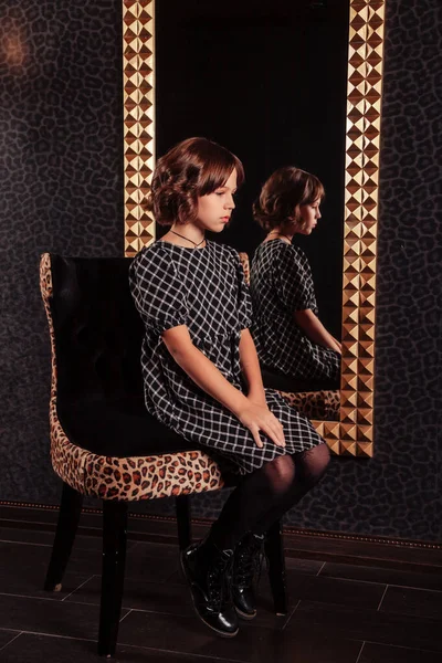 Portrait Pretty Cute Teenager Girl Elegant Dress Mirror Dark Stylish — Stock Photo, Image
