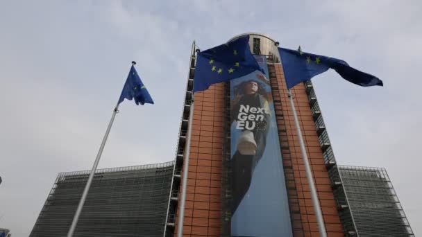 Brussels Belgium May 2022 European Flags Blowing Front Seat European — стоковое видео