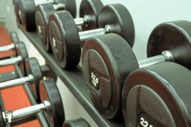 Fitness dersleri için halterler düzgünce yerleştirilmiştir. Fitness, atletizm, güç egzersizleri.