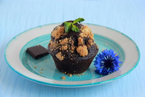 Chocolate Muffins Biscuit Streusel Plate Homemade Cupcakes Cocoa Dark Chocolate — Fotografie, imagine de stoc