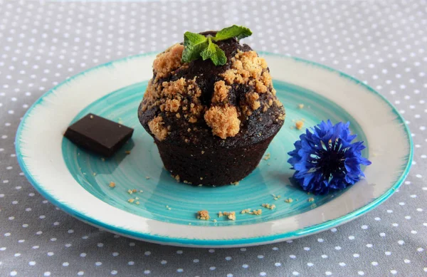 Chocolate Muffins Biscuit Streusel Plate Homemade Cupcakes Cocoa Dark Chocolate — ストック写真