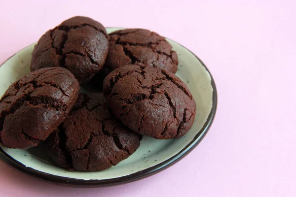 Bolinhos Brownie Caseiros Prato Bolachas Chocolate Prato Biscoitos Doces Com — Fotografia de Stock